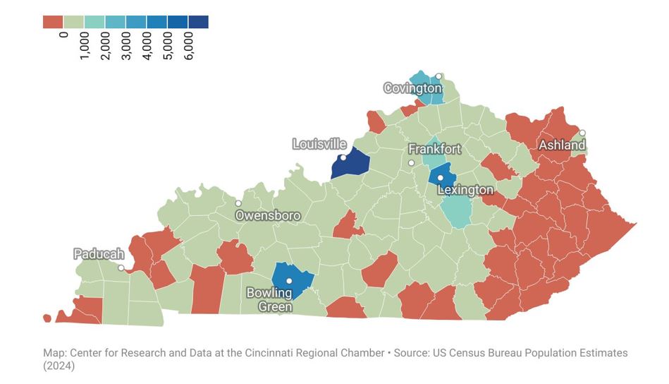 Population change in Kentucky counties from July 2023 to July 2024.