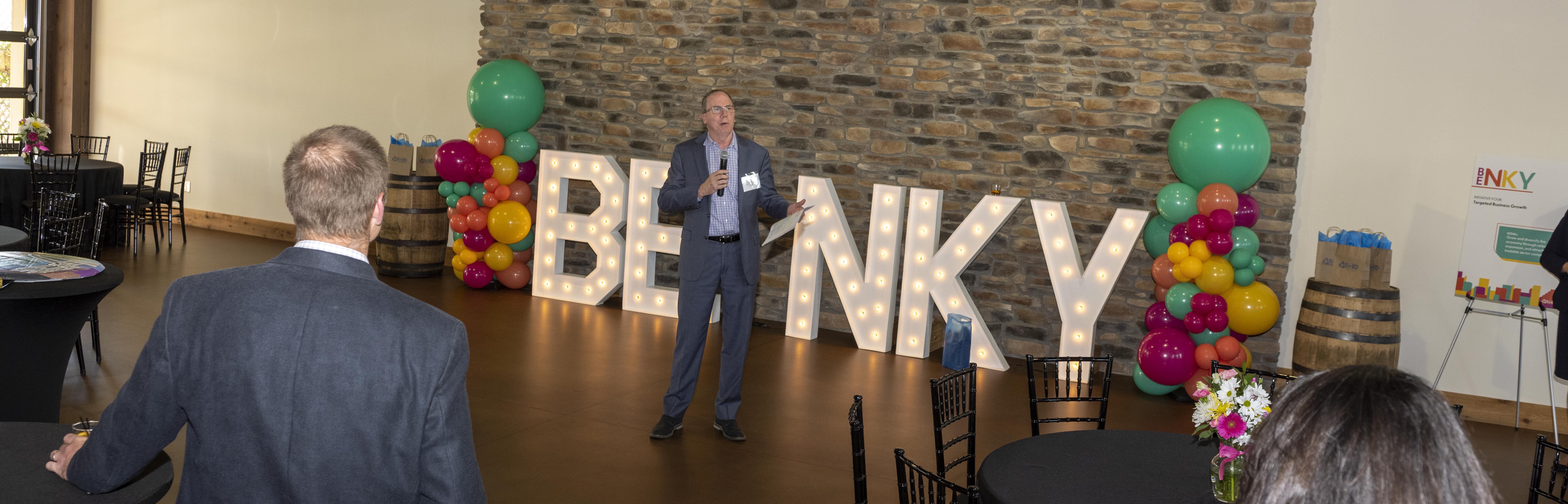 Tom Banta speaking in front of crowd at BE NKY Investor Campaign celebration event