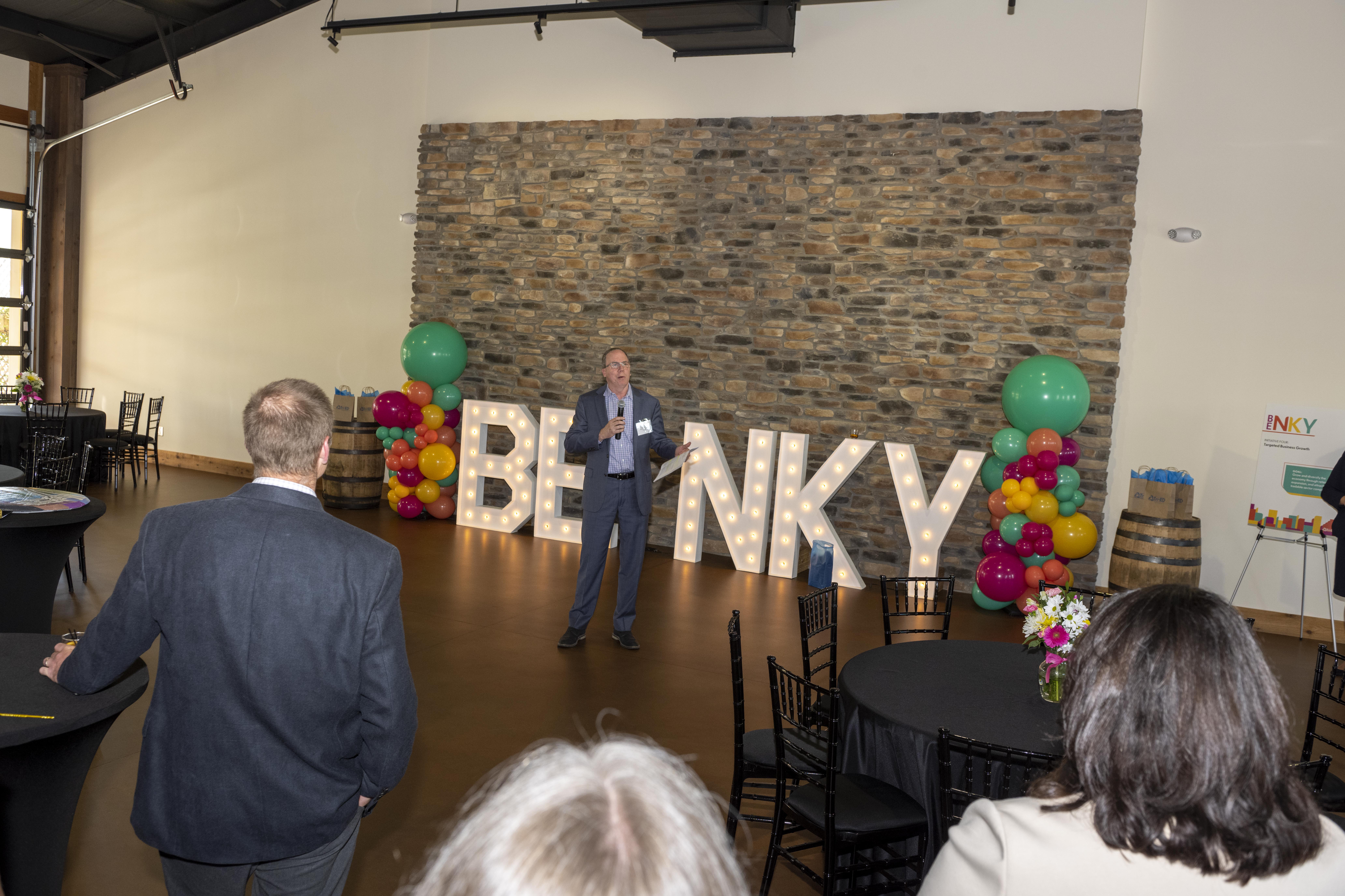 BE NKY87 Tom Banta speaking in front of crowd at BE NKY Investor Campaign celebration event